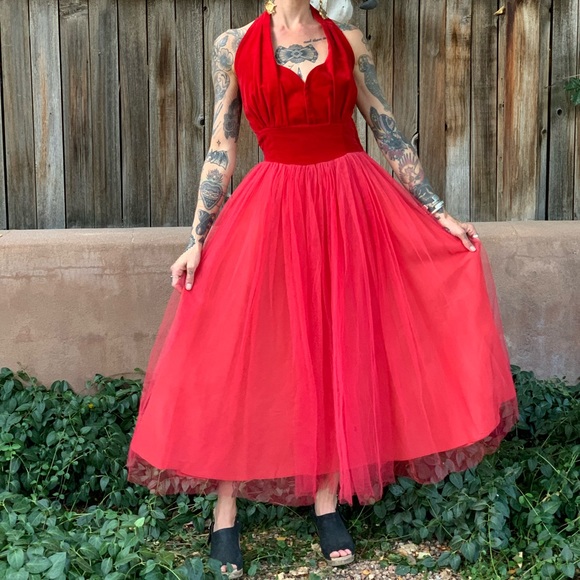 Vintage 1950s Bombshell Red Velvet Party Dress S/M - Picture 3 of 16